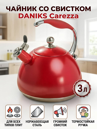Чайник нержавеющая сталь, 3 л, со свистком, матовый, Daniks, Carezza, индукция, WT-T1054-RED