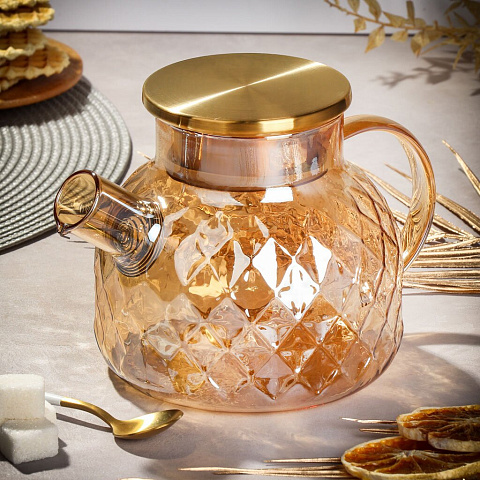 Чайник заварочный стекло, 1 л, с ситечком, Y6-10052, золотой