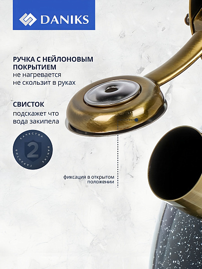 Чайник нержавеющая сталь, 3 л, со свистком, матовый, сталь 304, ручка с покрытием, нейлон, Daniks, индукция, черный, GS-04517G