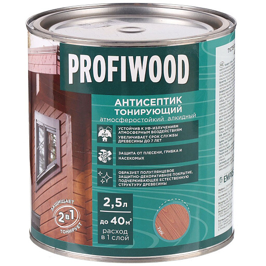 Антисептик Profiwood, для дерева, тонирующий, тик, 2.1 кг