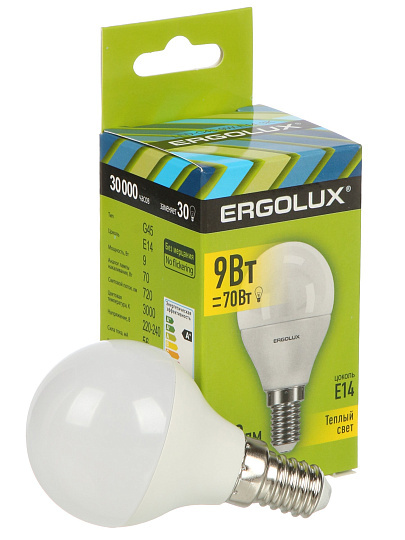 Лампа светодиодная E14, 9 Вт, 70 Вт, 220 В, шар, 3000 К, теплый белый свет, Ergolux, 13173