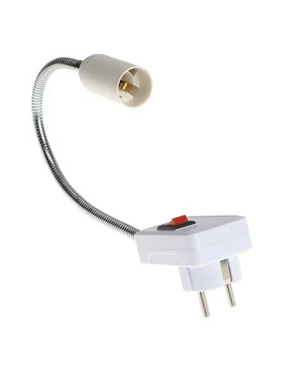 Переходник E14, гибкий, с выключателем, вилка-патрон, 300мм, белый, Ecola, Base, APF4SWEAY