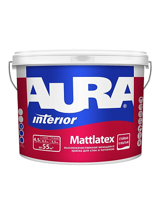 Краска водно-дисперсионная, Aura, Mattlatex, акриловая, универсальная, моющаяся, влагостойкая, матовая, 4.5 л