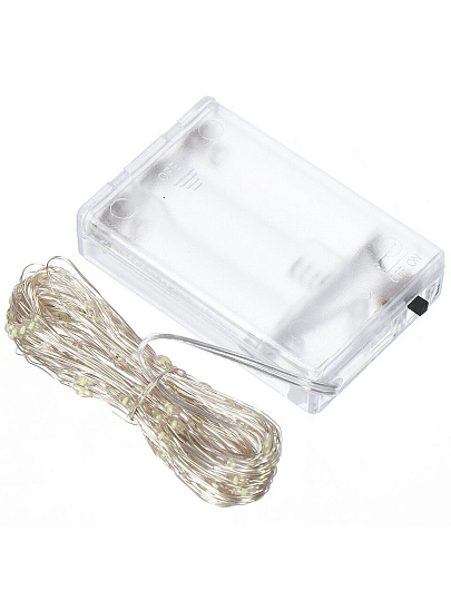 Гирлянда 100 ламп, 10 м, 1 режим, холодный белый свет, серебристая, в помещении, на батарейках, LED, Y4-7524