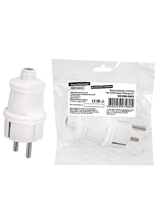 Вилка прямая, с заземлением, 16 А, 250 В, белая, TDM Electric, Народная, SQ1806-0403