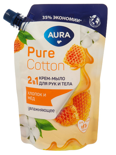 Крем-мыло жидкое Aura, Pure Cotton, 2в1, Хлопок и мёд, 450 мл, дой-пак
