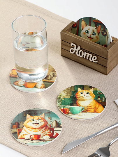 Набор подставок для горячего, дерево, 4 шт, круглый, 11.5х5.4х6.4 см, Забавные коты, Y4-11196