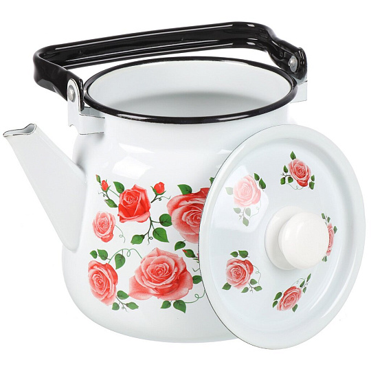 Чайник сталь, эмалированное покрытие, 3.5 л, с кнопкой, Сибирские товары, Роза плетистая, белый, С2716.37*88