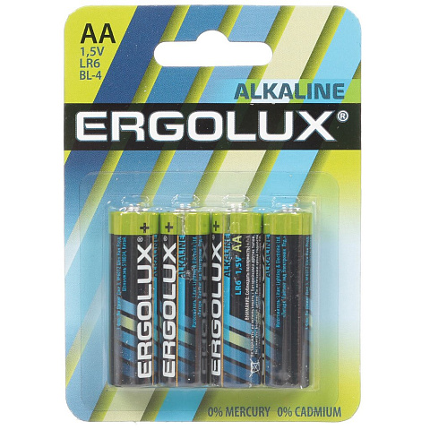 Батарейка Ergolux, АА (LR6, 15A), Alkaline, щелочная, 1.5 В, блистер, 4 шт, 11748