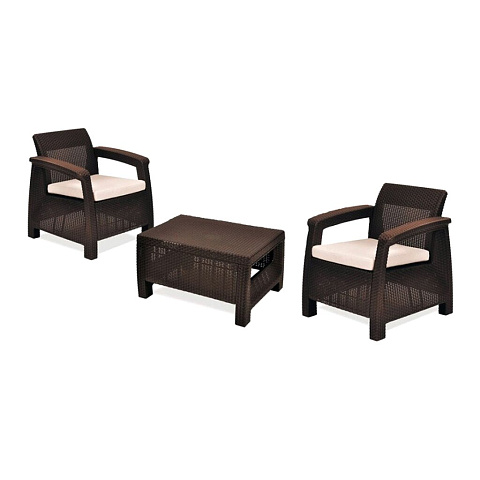 Мебель садовая Corfy weekend, коричневая, стол, 77х57х43 см, 2 кресла, подушка коричнево-серая, 110 кг, 17197786РКС