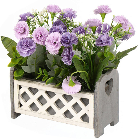 Цветок искусственный декоративный Композиция в деревянном кашпо, 19х8х7 см, фиолетовый, Y4-7932