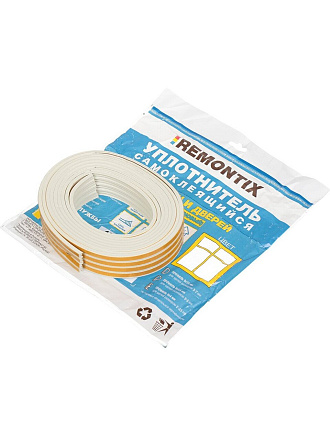 Уплотнитель E, самоклеящаяся основа, 9х4 мм, 12 м, белый, Remontix, REMEW00012