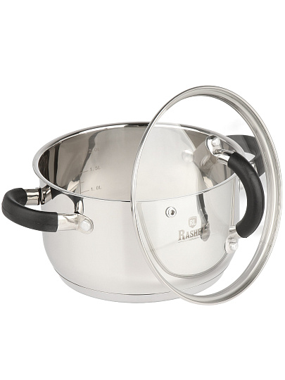 Кастрюля нержавеющая сталь, 2.6 л, крышка стекло, ручки силикон, RasheL, R-260к, индукция
