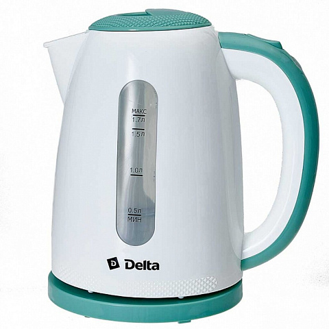 Чайник электрический Delta, DL-1106, белый, мятный, 1.7 л, 2200 Вт, скрытый нагревательный элемент, пластик