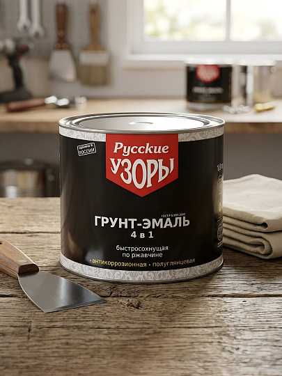 Грунт-эмаль Русские узоры, 4в1, по ржавчине, быстросохнущая, алкидная, полуглянцевая, белая, 1.8 кг