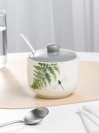 Сахарница 450 мл, керамика, 10.7х10.5х10.5 см, с ложкой, Prima Collection, Дикий папоротник, PC78WF450