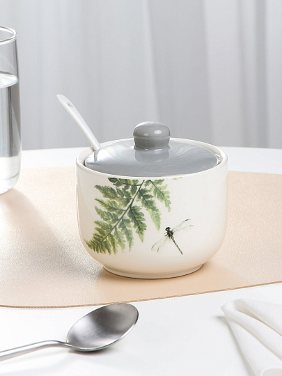 Сахарница 450 мл, керамика, 10.7х10.5х10.5 см, с ложкой, Prima Collection, Дикий папоротник, PC78WF450