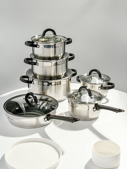 Набор посуды нержавеющая сталь, 12 предметов, кастрюли 1.6, 2.3, 3.2, 5.6 л, ковш 1.6 л, сковорода 24 см, сталь 304, индукция, Daniks, Палома, CW-H027