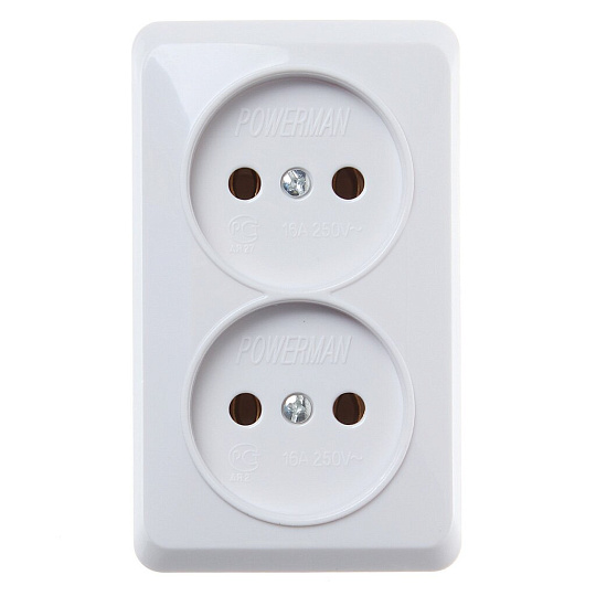 Розетка открытой установки, 2 гнезда, с заземлением, 16 А, белая, Powerman, Fazenda, 7102