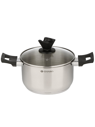 Кастрюля нержавеющая сталь, 3.5 л, крышка стекло, круглая, Daniks, WT-C334- 20CA, индукция