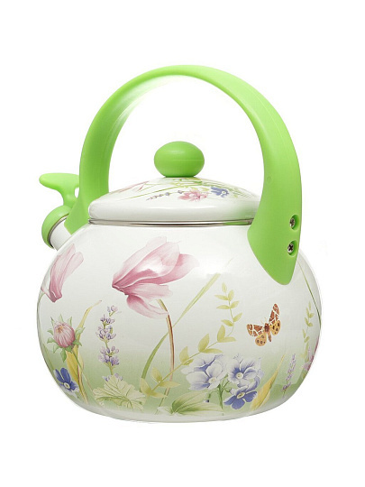 Чайник сталь, эмалированное покрытие, 2 л, со свистком, Appetite, Примавера, индукция, белый, зеленый, FT7-PR