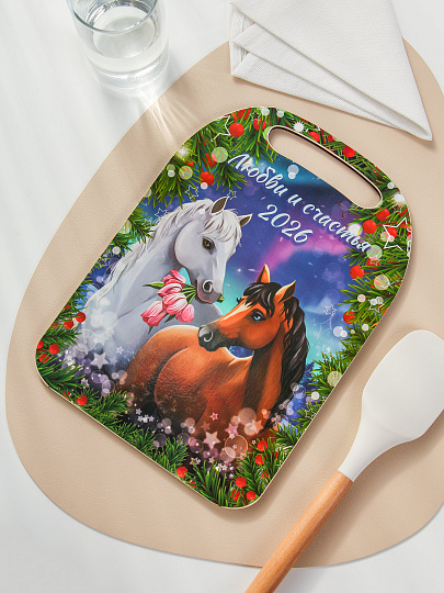 Доска разделочная дерево, 29х21х0.6 см, с ручкой, Новый Год 2026, К-300