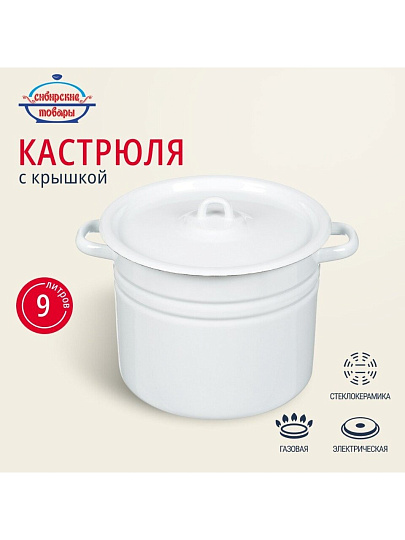 Кастрюля эмалированная сталь, 9 л, крышка сталь, цилиндрическая, Сибирские товары, С41622/П/3, в ассортименте