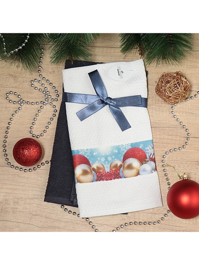 Набор полотенец кухонных 2 шт, 40х60 см, махровый и вафельный, 100% хлопок, Silvano, Фотопечать Новогодние шары, Турция, D17-12