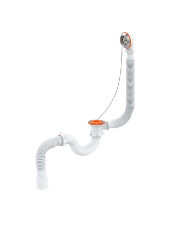 Сифон для ванны, трубный, пластик, с выпуском, с переливом, круглый перелив, белый, РМС, СВ-О
