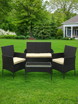 Мебель садовая Green Days, Веранда, коричневая, стол, 79х50х38 см, 2 кресла, 1 диван, подушка, подушка бежевая, Т2023-3298