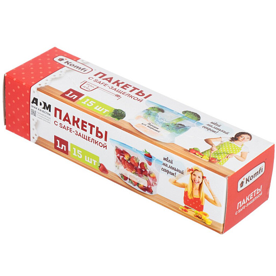 Пакет для хранения и заморозки, 15 шт, 15.5х20.5 см, 1 л, с защелкой, Komfi, Safer, PES001M