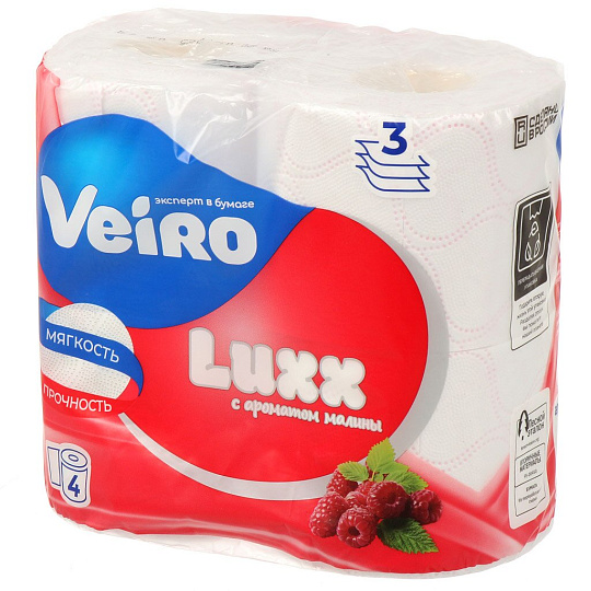 Туалетная бумага Veiro, Luxx, Малина, 3 слоя, 4 шт, 17.5 м, с втулкой