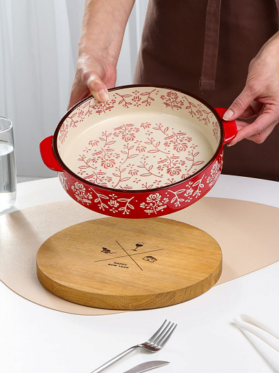 Форма для запекания керамика, 27х24х6 см, круглая, Ветви на красном, B010426