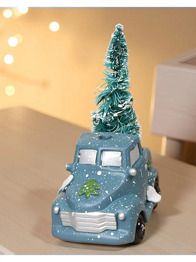 Фигурка МДФ, Грузовичок с елкой, 12х5х6.5 см, новогодняя, с подсветкой, на батарейках, синяя, Y4-8430