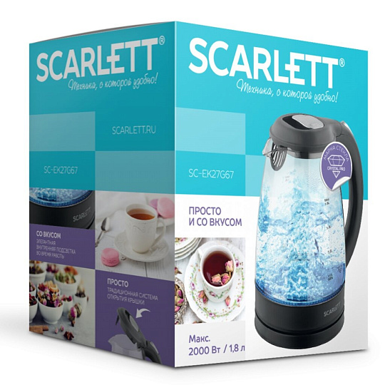 Чайник электрический Scarlett, SC-EK27G67, черный, 1.8 л, 2000 Вт, скрытый нагревательный элемент, стекло