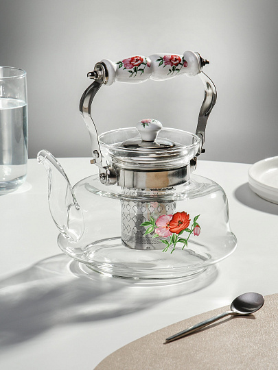 Чайник заварочный стекло, 1.4 л, с ситечком, Маки, Y4-6451/B050161