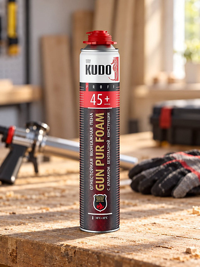 Пена монтажная KUDO, Fire Proof 45+, профессиональная, 45 л, 1 л, 900 г, огнестойкая, всесезонная, KUPPF10U45+