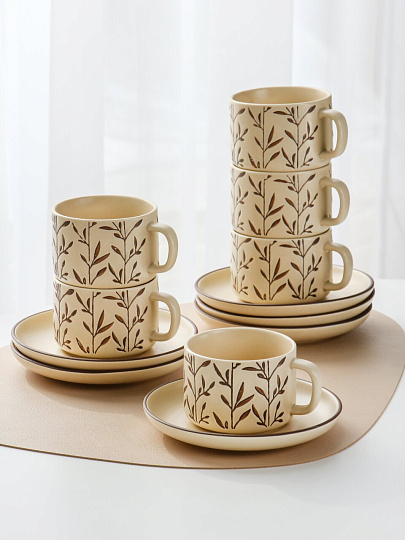 Набор чайный керамика, 12 предметов, на 6 персон, 220 мл, бежевый, Веточки, B060504