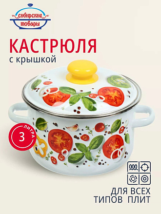 Кастрюля эмалированная сталь, 3 л, крышка сталь, цилиндрическая, Сибирские товары, Каприче, 3MD181P, белая, индукция