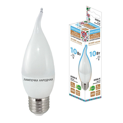 Лампа светодиодная E27, 10 Вт, 75 Вт, свеча на ветру, 6500 К, яркий дневной, TDM Electric, Народная