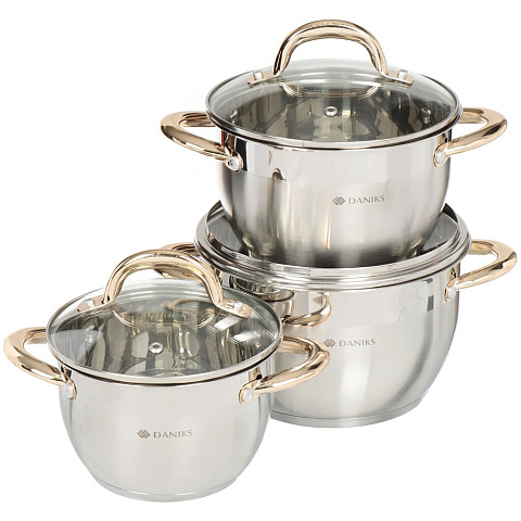 Набор посуды нержавеющая сталь, 6 предметов, кастрюли 2,2.9,3.9 л, индукция, Daniks, Мадрид Gold, SD-331G