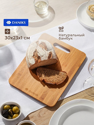 Доска разделочная бамбук, 30х23х1 см, с ручкой, прямоугольная, Daniks, H-1118