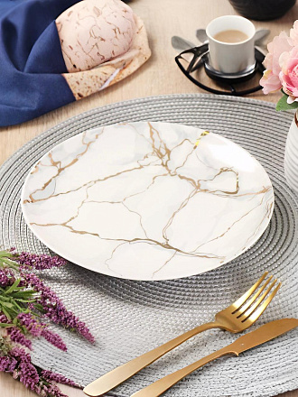 Тарелка десертная, керамика, 20 см, круглая, Белый мрамор, Daniks