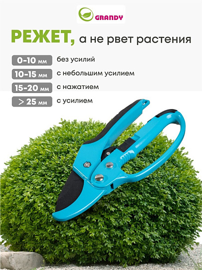 Секатор 200 мм, диаметр реза 20 мм, прямого реза, Grandy, Luxe, с храповым механизмом, рукоятка металл, резина