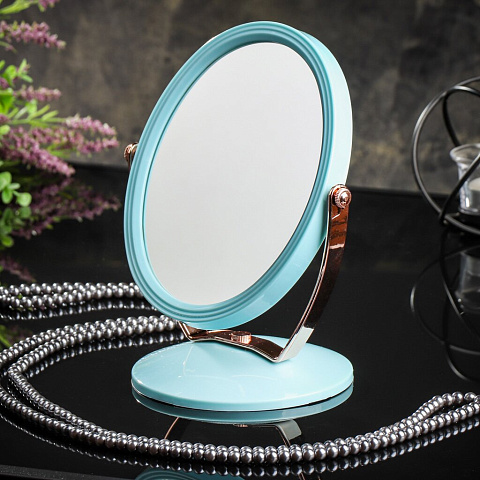 Зеркало настольное, металл, пластик, на ножке, круглое, голубое, A070016