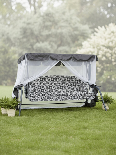 Качели садовые 3-местные, 231х126х147.8 см, 210 кг, Olsa, Варшава, раскладываются в кровать, с москитной сеткой, серые, геометрия, подушка, с1804, металл