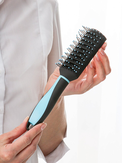 Расческа массажная, 24х4.5 см, пластик, пластиковая ручка, прямоугольная, черно-голубая, A100026