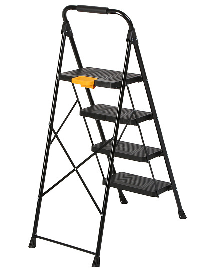 Стремянка 1 секция, 4 ступени, металл, 150 кг, широкая ступень, черный с желтым, WK2226-4