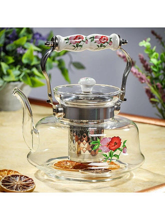 Чайник заварочный стекло, 1.4 л, с ситечком, Маки, Y4-6451