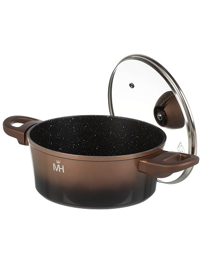 Кастрюля алюминий, антипригарное покрытие, 2.8 л, крышка стекло, MercuryHaus, Flame, 1789-MC, коричневая, индукция